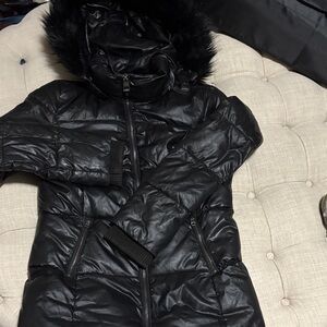Guess Black Puffer Jacket with Faux Fur Hood